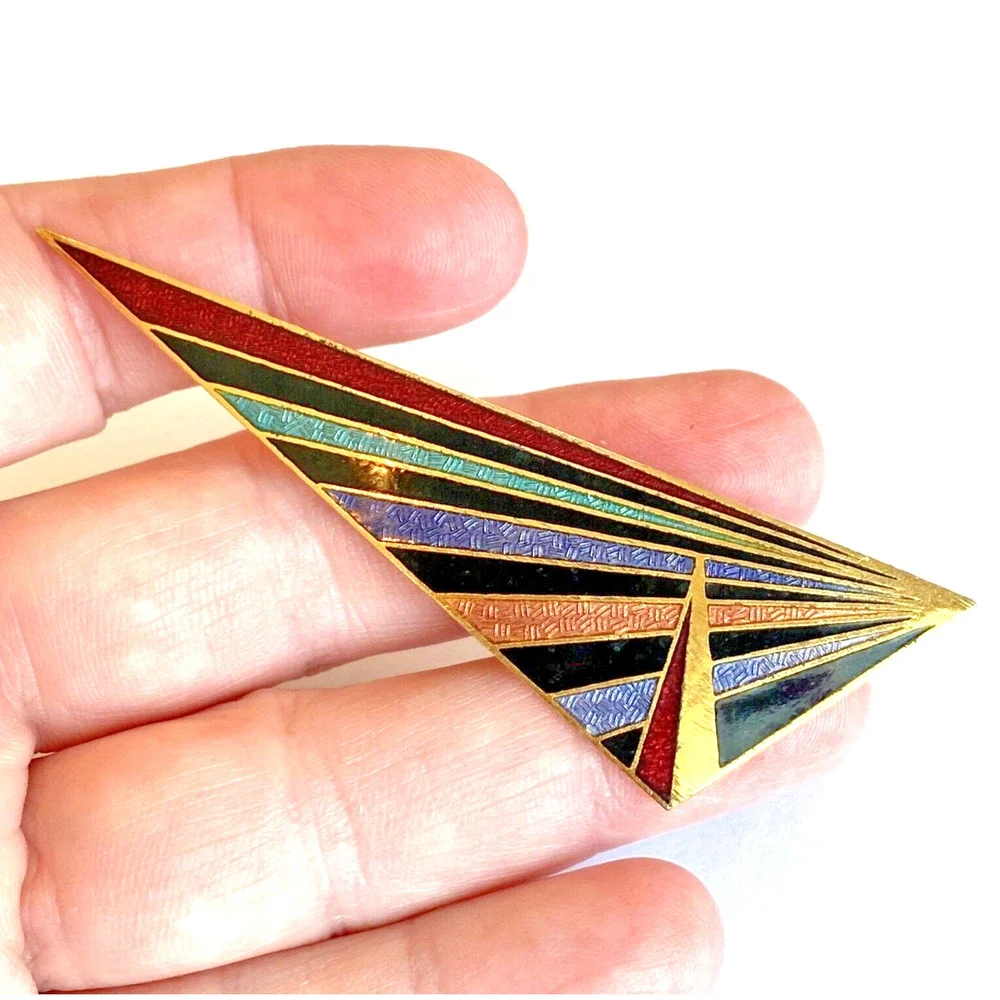 Vintage Siti Jewelry Brooch Mod Geometric Enamel On Goldtone Pin Triangle Shape